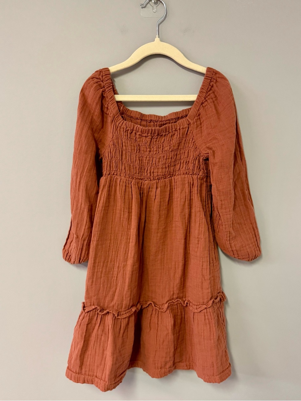 Old Navy Girls Rust Brown Smocked Long-Sleeve Tiered Dress